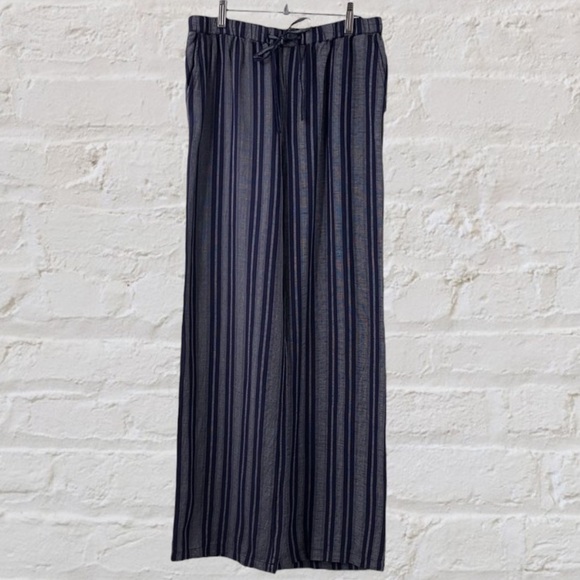 Blue Linen Wide Leg Striped High Rise Drawstring Pockets Bohemian Pants Summer - Picture 3 of 14